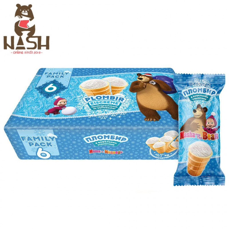 Vanilla ice cream Masha and the Bear in six waffle cups, 130 ml each
