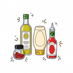Oil, mayonnaise, sauces, spices